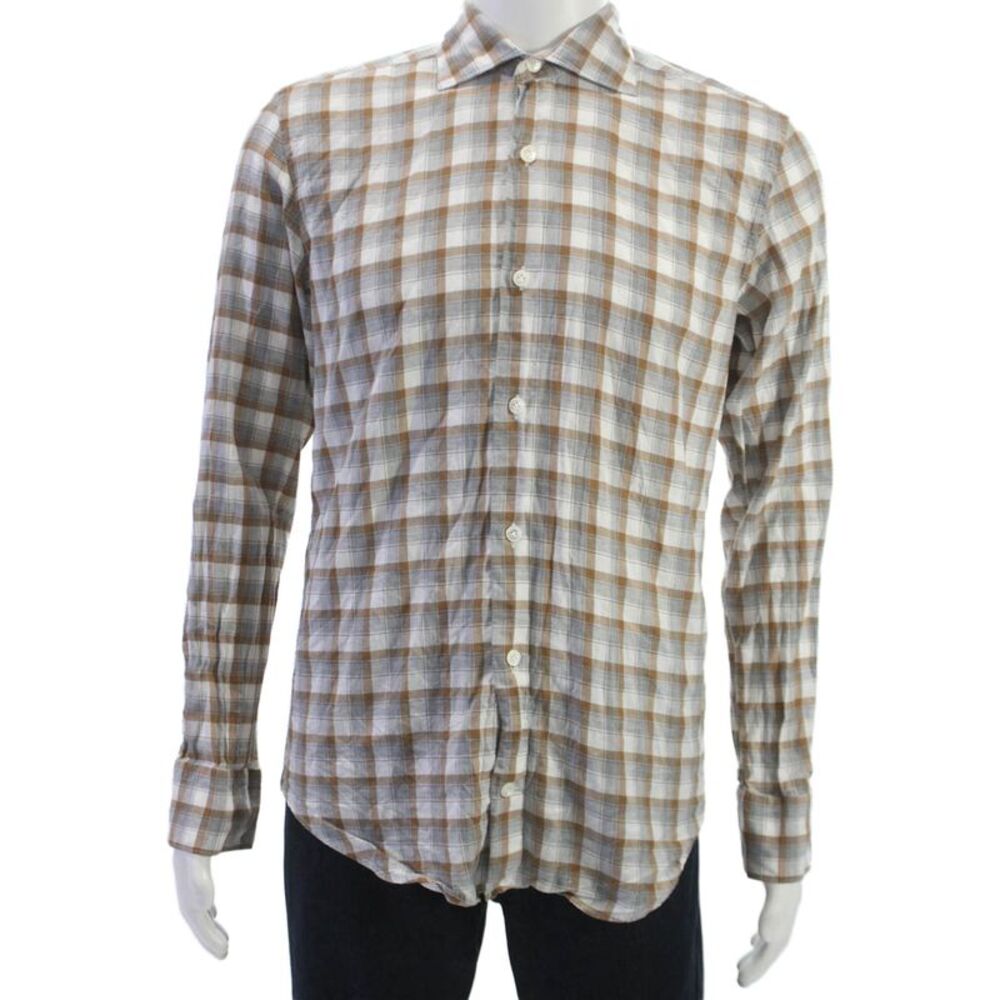 ELEVENTY Mens Collared Plaid Button Up Cotton Shirt Long Sleeve Size M